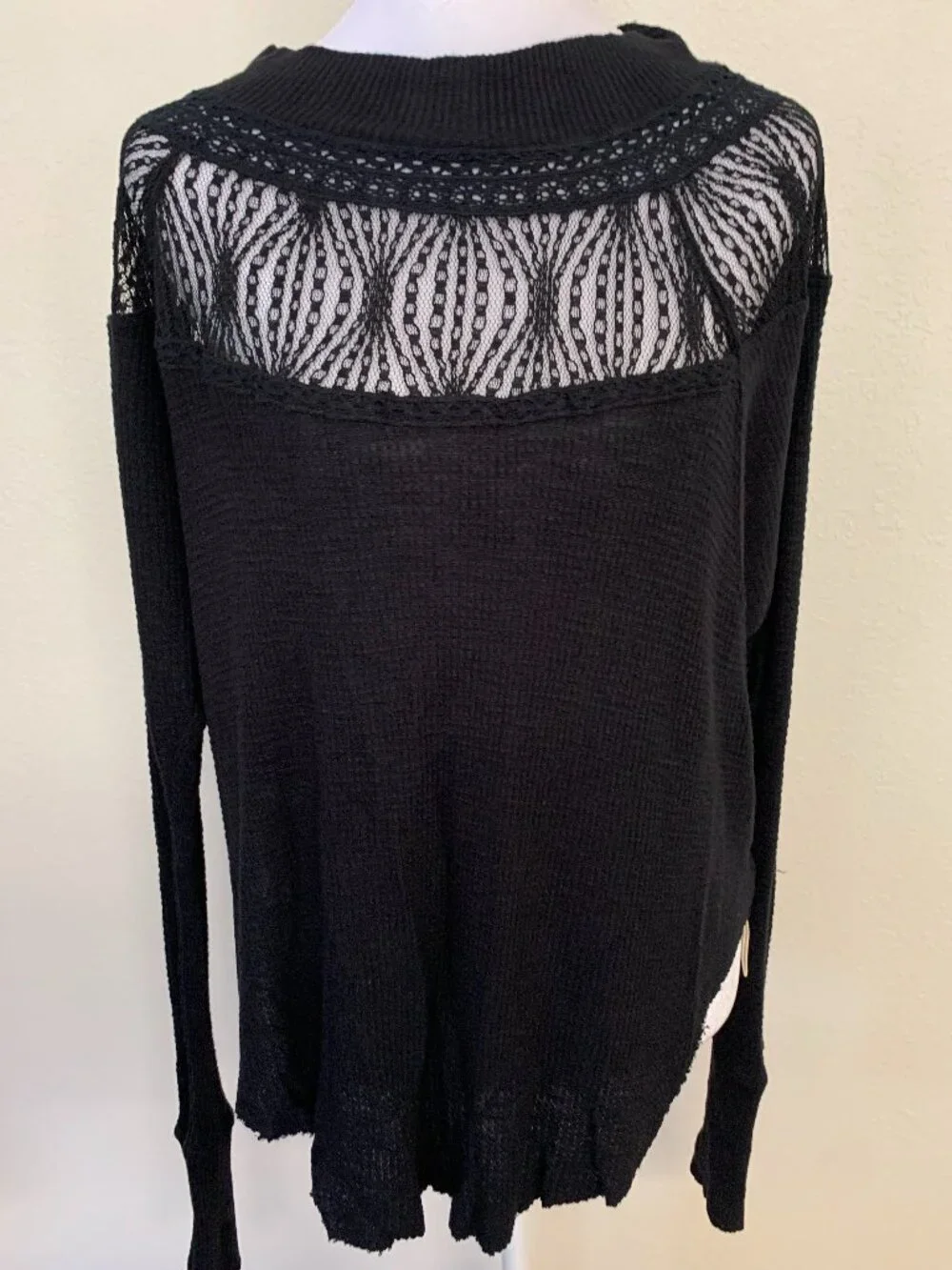 Free People Spring Valley Black Waffle Knit Lace Trim Top XS